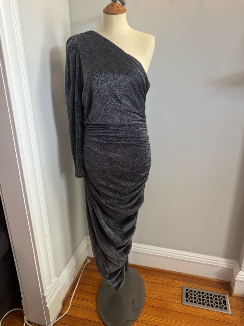 LPA One-Shoulder Charcoal Metallic Ruched Gown